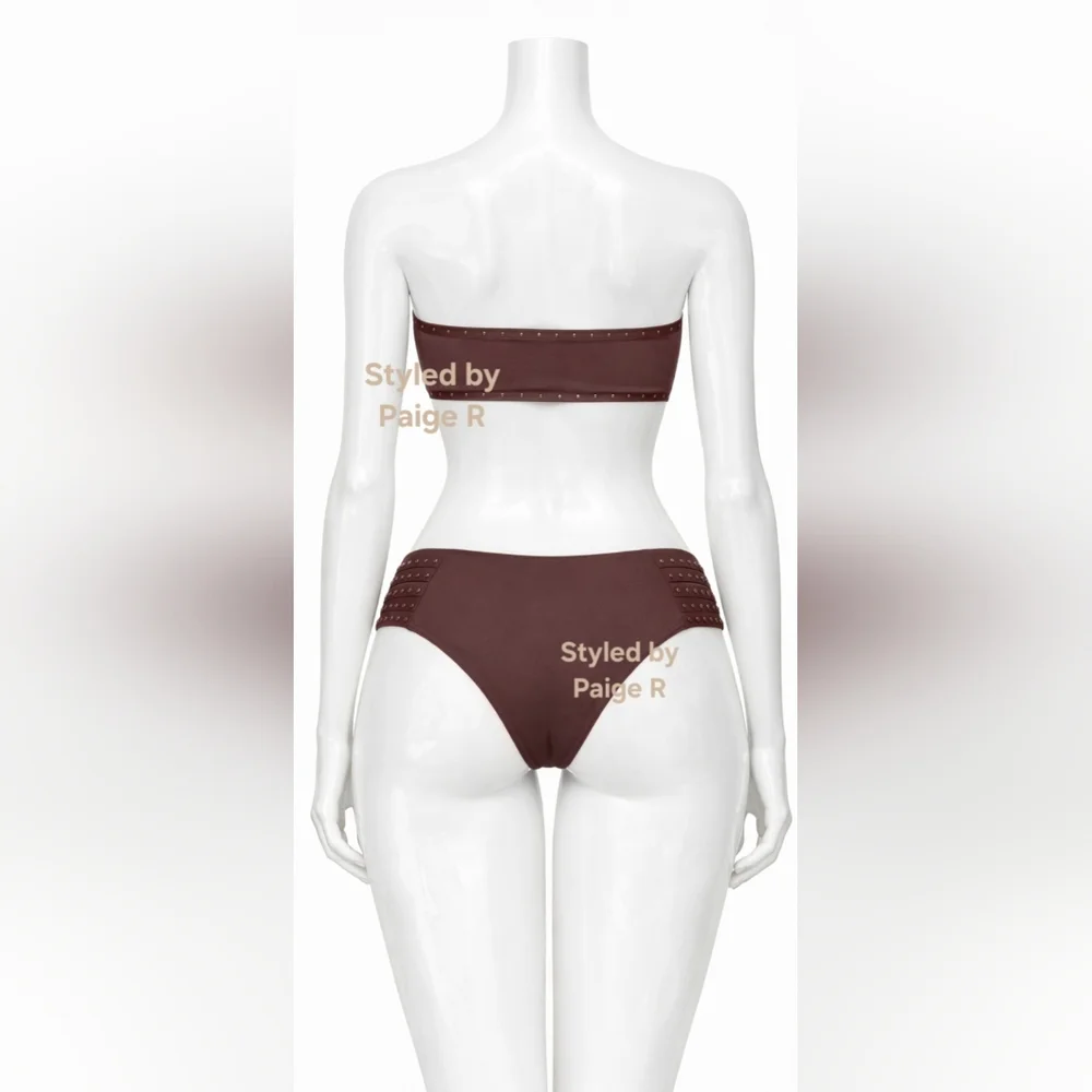 ❤️NWT SKIMS 2 Pc Rhinestone Bandeau Swim Top Strappy Bikini Set Brown COCOA 3X